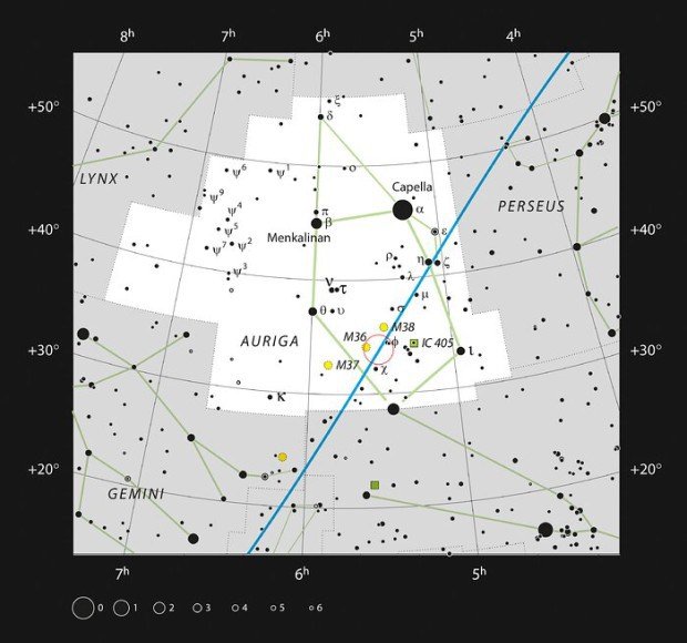 Poloha oblasti AFGL 5142 na obloze v souhvzd Vozky