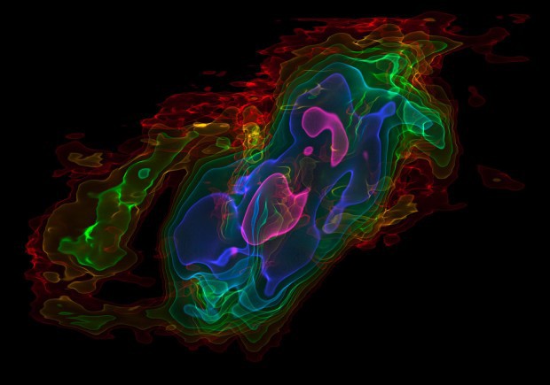 Grafick znzornn zachycuje mimodn siln odtok molekulrnho plynu z centra nedalek galaxie v souhvzd Sochae