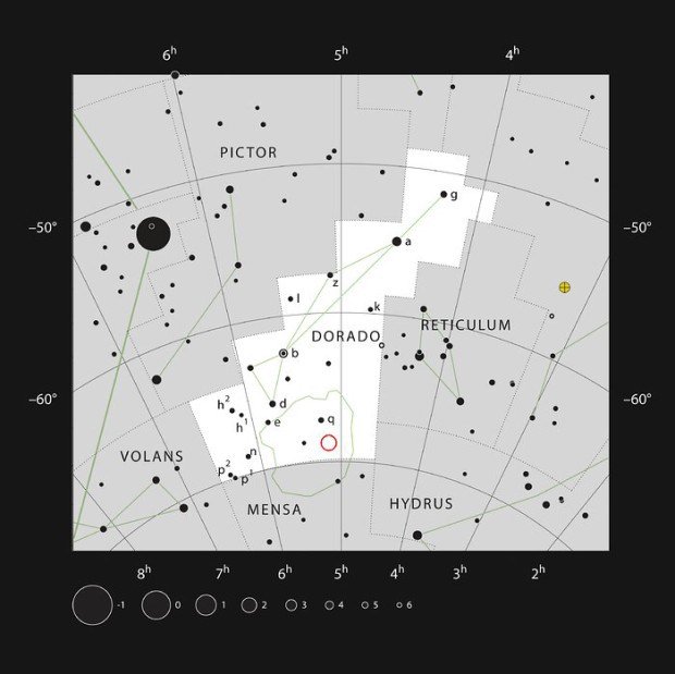 Poloha hvězdokupy NGC 1850 na obloze v souhvězdí Mečouna