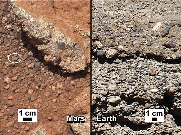 Srovnn naplavench trk na Marsu a na Zemi (vpravo)