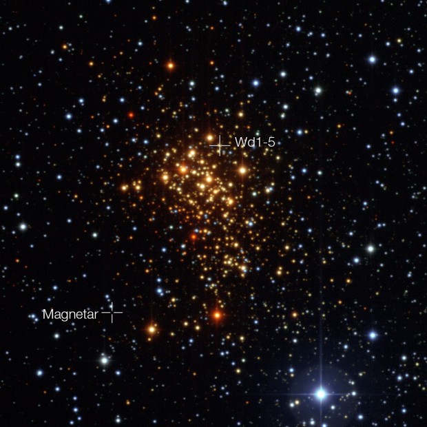 Hvzdokupa Westerlund 1 s vyznaenou polohou magnetaru i mon druh sloky pvodn dvojhvzdy 