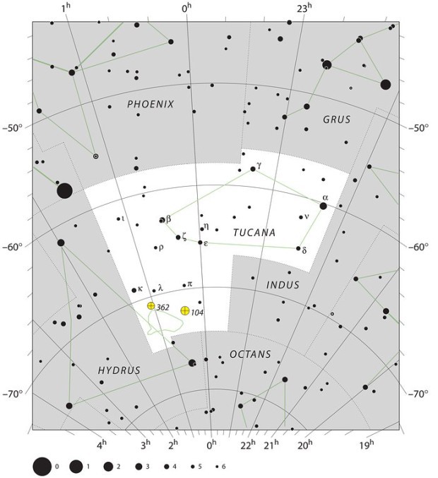 Poloha Malého Magellanova oblaku v souhvězdí Tukana