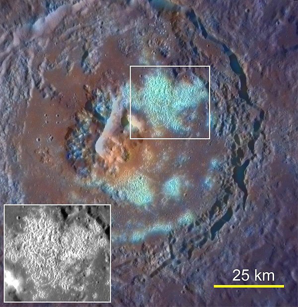 Příklad velkého kráteru (Tyagaraja, 97 km) s prohlubněmi