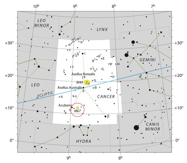 Mapa, vězdokupa M 67 v souhvězdí Raka