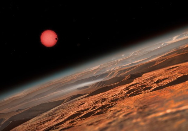 Pedstava pohledu na chladnho trpaslka TRAPPIST-1 z obn drhy kolem jedn z jeho planet