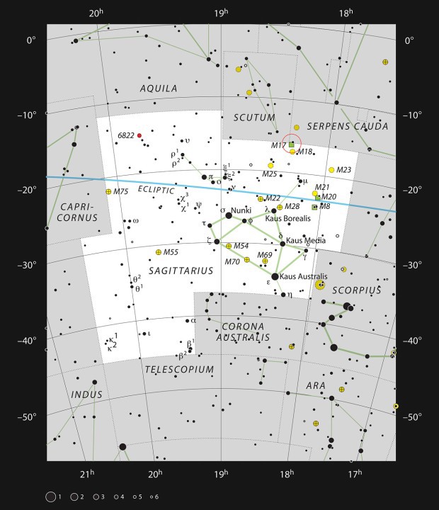 Oblast s probíhající tvorbou hvězd M 17 v souhvězdí Střelce