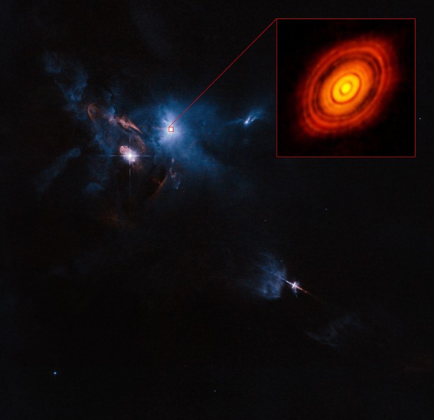 ALMA/HST  sloen zbr oblasti kolem mlad hvzdy HL Tauri