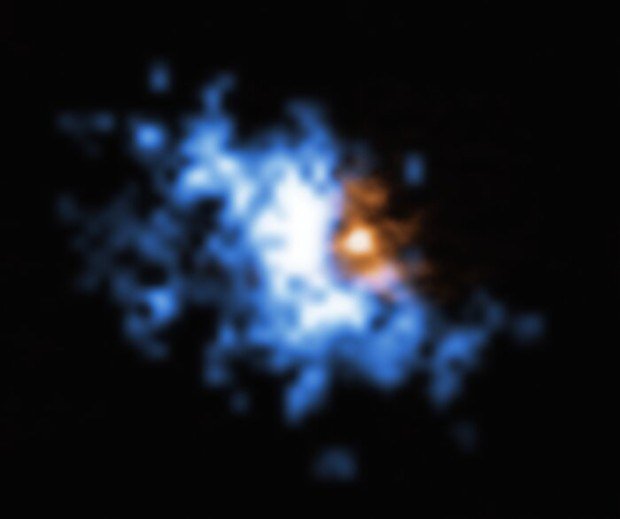 Plynn halo na zbru pozenm pomoc MUSE obklopujc interagujc galaxie zachycen radioteleskopem ALMA