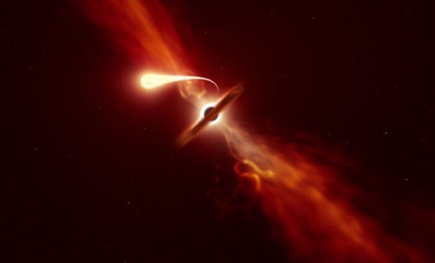 Vizualizace hvězdy slapově roztrhané superhmotnou černou dírou