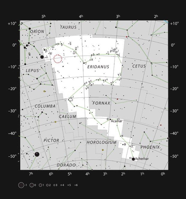 Poloha záblesku AT2019qiz na obloze v souhvězdí Eridanus