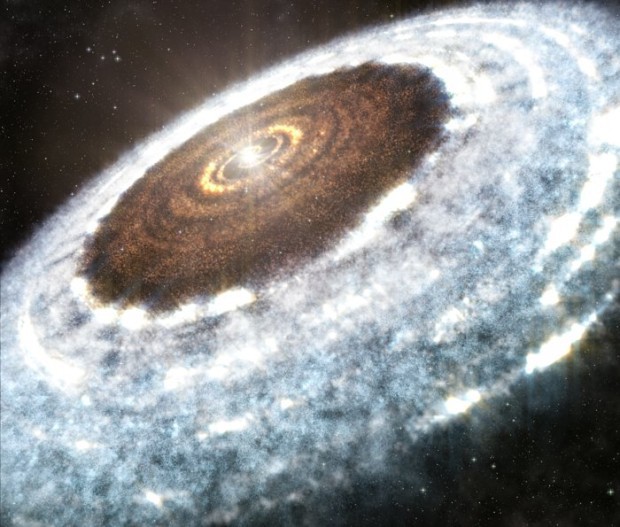 Artists impression of the water snowline around the young star V883 Orionis