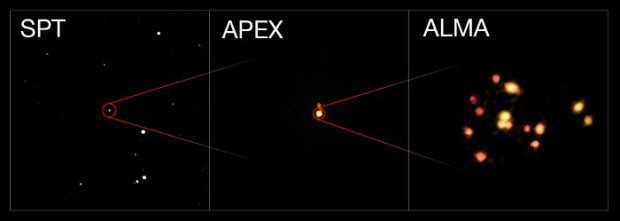 Protokupa na zbrech z teleskop SPT, APEX a ALMA