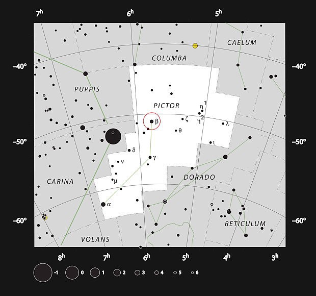 Mapa oblohy v okolí hvězdy Beta Pictoris 