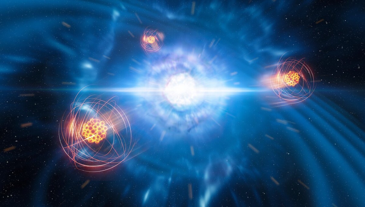 Vizualizace vzniku stroncia po kolizi dvou neutronovch hvzd