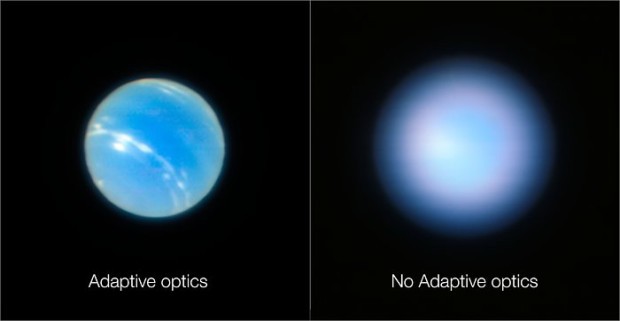 Planeta Neptun  VLT s adaptivn optikou a bez