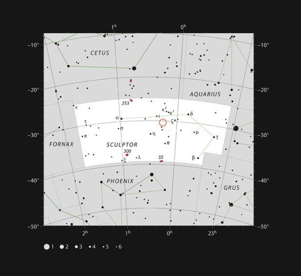 Poloha systému TOI-178 v souhvězdí Sochaře