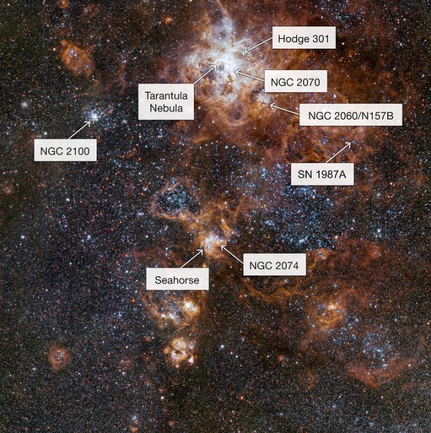 Bohaté okolí mlhoviny Tarantula ve Velkém Magellanově oblaku - s popiskou