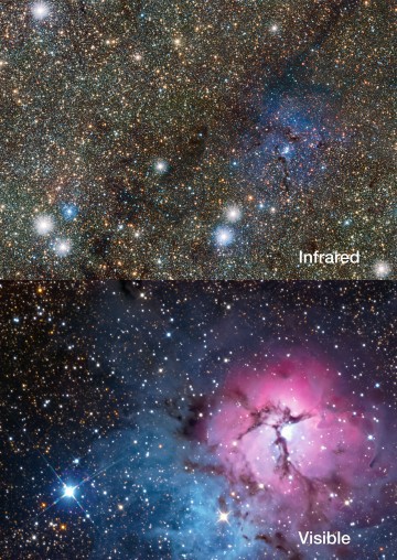 Srovnání mlhoviny Trifid ve viditelném a infračerveném oboru