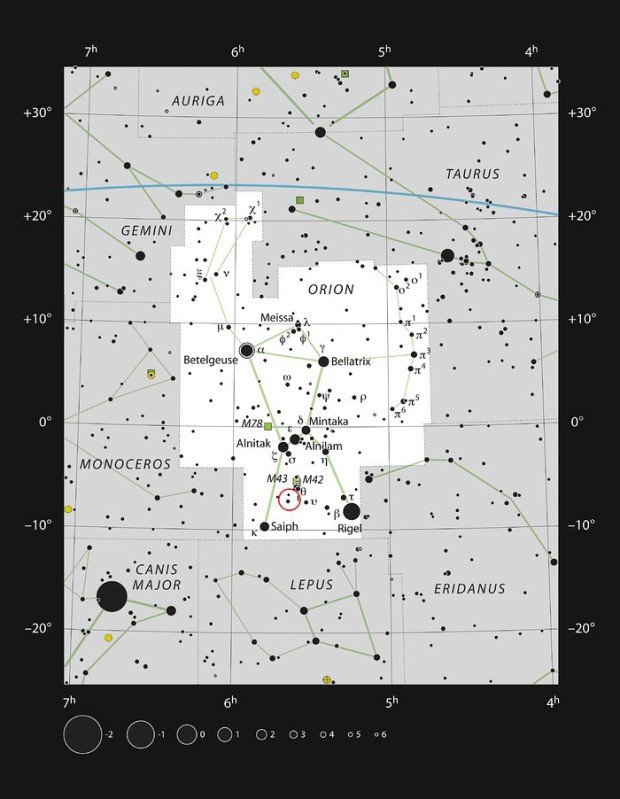 Hvězda V883 Orionis v souhvězdí Orion
