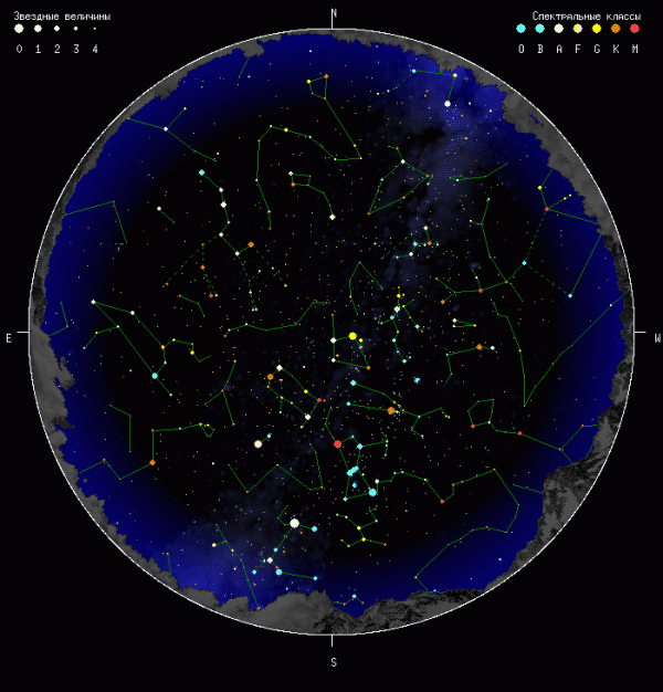 Mapa zimní hvězdné oblohy