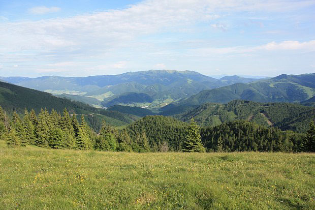 Nízké Tatry, Starohorské vrchy s Kozím chrbátem a Slovenské rudohoří ze sedla pod vrchem Skalná Alpa
