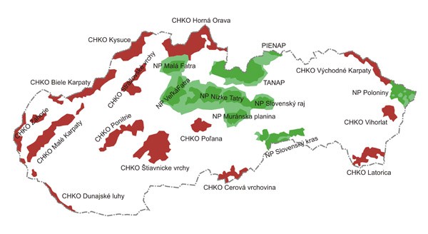 Mapa národních parků a CHKO Slovenska