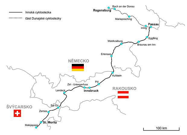 Mapka s průběhem trasy Innské cyklostezky