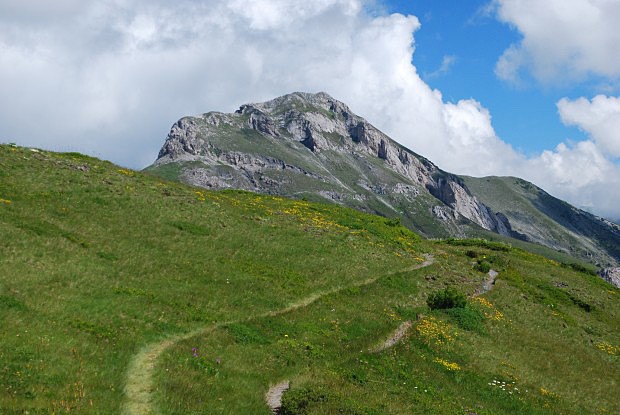 Marijash (2 530 m n. m.) ze směru, odkud plánujeme výstup (pod skalním pásem doprava, nad ním opět doleva a žlebem ve středu hory vlevo pod vrchol)
