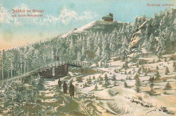 Ještěd a sáňkářská dráha na pohlednici z roku 1922