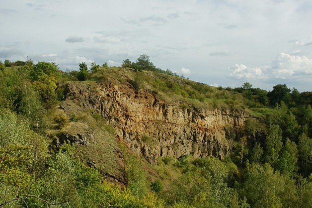 Vinařická hora - pohled na odkryté sopečné vrstvy v lomové stěně